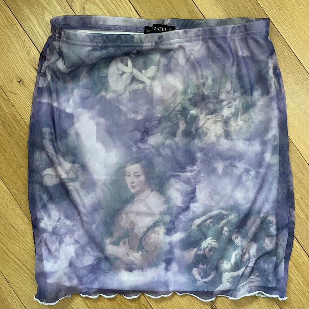 ZAFUL Mesh Ruched Renaissance Print Bodycon Skirt - Size 8